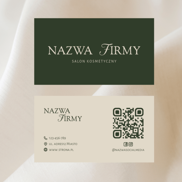Elegancka wizytówka dla salonu kosmetycznego szablon Leśna Zieleń z kodem QR