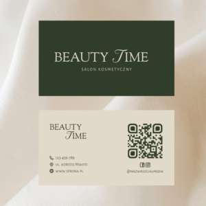 Elegancka wizytówka dla salonu kosmetycznego szablon Leśna Zieleń z kodem QR