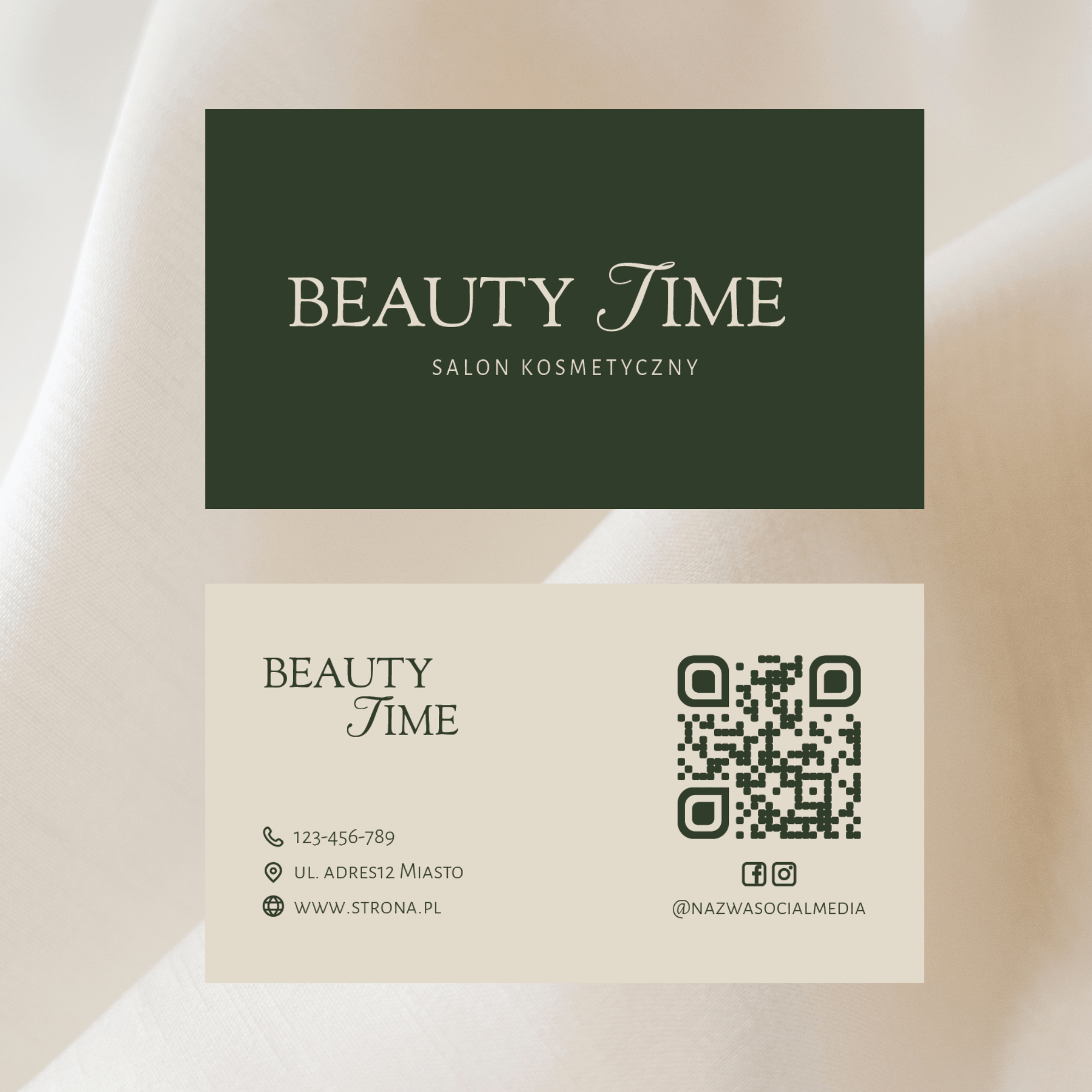 Elegancka wizytówka dla salonu kosmetycznego szablon Leśna Zieleń z kodem QR